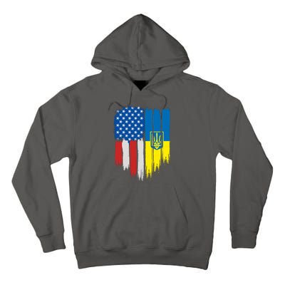 Stand With Ukraine Painted Distressed USA Ukrainian Flags Tall Hoodie