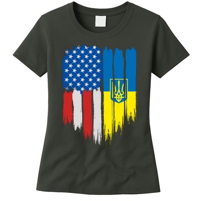 Stand With Ukraine Painted Distressed USA Ukrainian Flags Womens T-Shirt