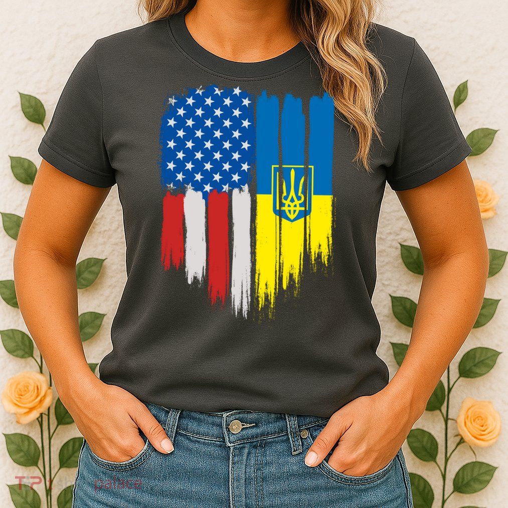 Stand With Ukraine Painted Distressed USA Ukrainian Flags Womens T-Shirt