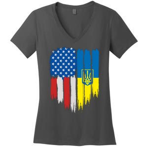 Stand With Ukraine Painted Distressed USA Ukrainian Flags Women's V-Neck T-Shirt