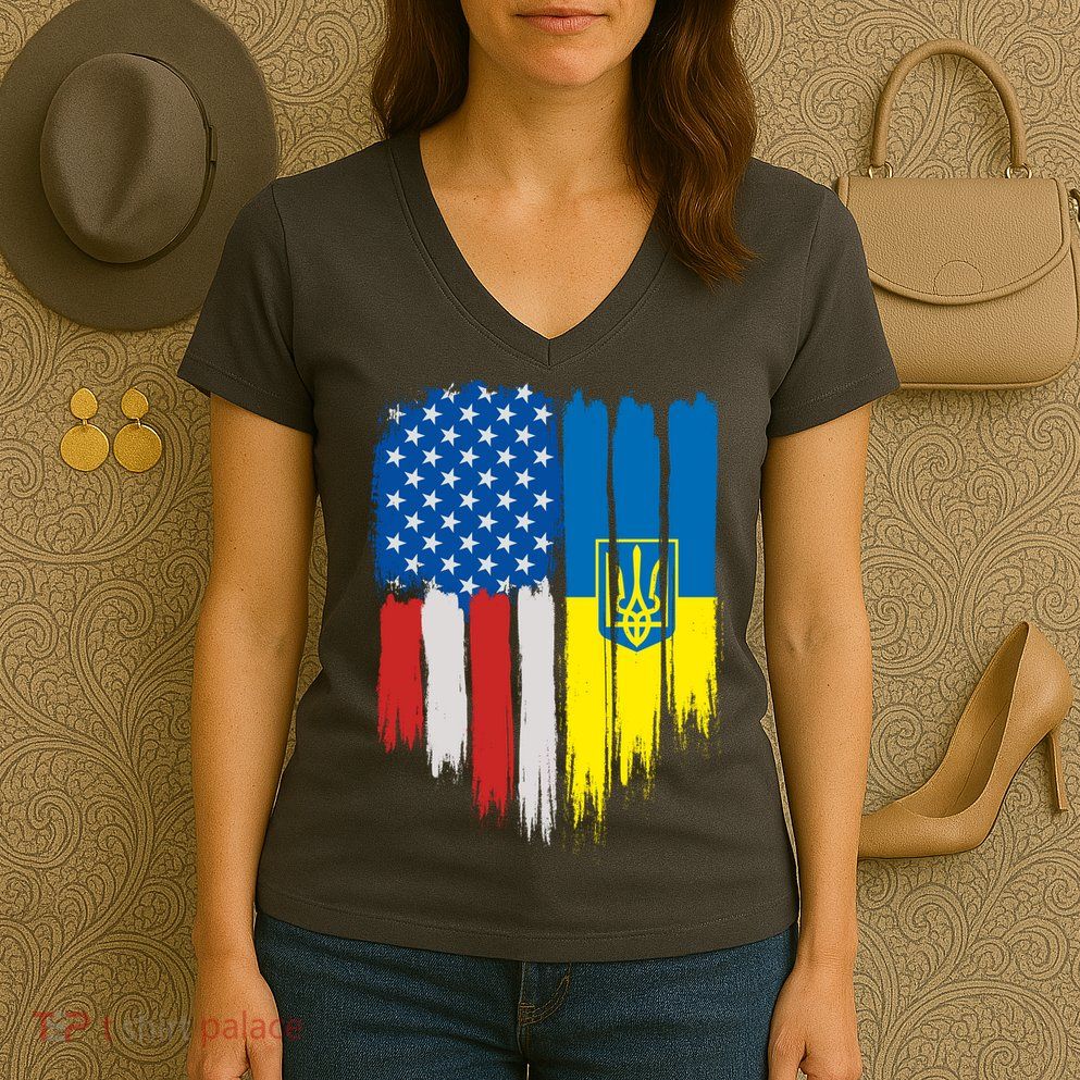 Stand With Ukraine Painted Distressed USA Ukrainian Flags Women's V-Neck T-Shirt