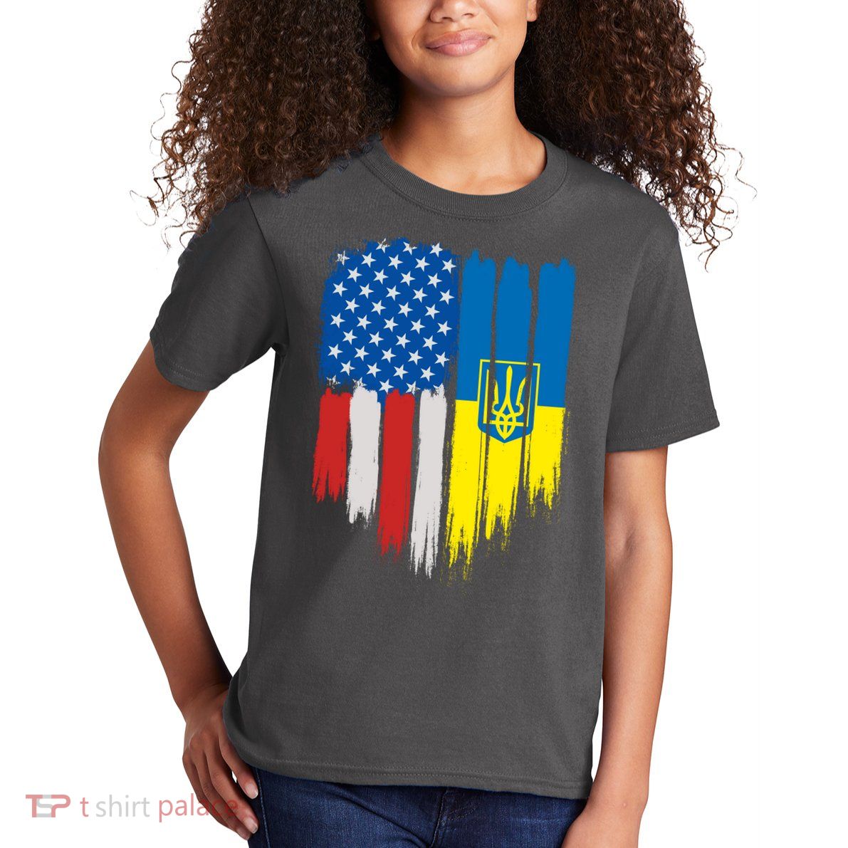 Stand With Ukraine Painted Distressed USA Ukrainian Flags Kids T-Shirt