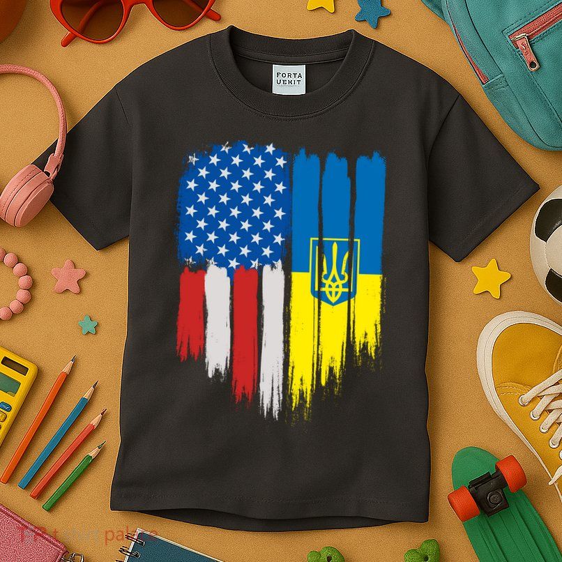 Stand With Ukraine Painted Distressed USA Ukrainian Flags Kids T-Shirt