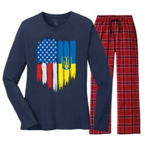 Stand With Ukraine Painted Distressed USA Ukrainian Flags Women's Long Sleeve Flannel Pajama Set 