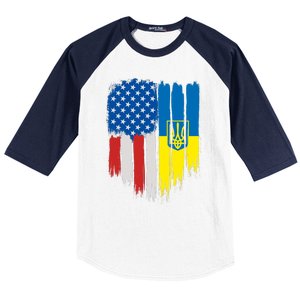 Stand With Ukraine Painted Distressed USA Ukrainian Flags Baseball Sleeve Shirt