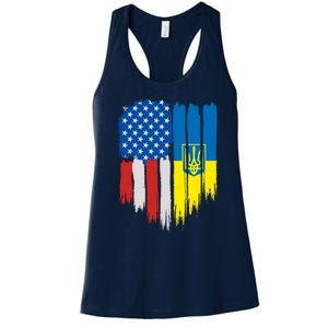 Stand With Ukraine Painted Distressed USA Ukrainian Flags Women's Racerback Tank