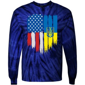 Stand With Ukraine Painted Distressed USA Ukrainian Flags Tie-Dye Long Sleeve Shirt