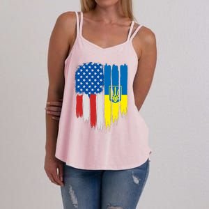 Stand With Ukraine Painted Distressed USA Ukrainian Flags Women's Strappy Tank