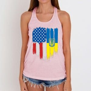 Stand With Ukraine Painted Distressed USA Ukrainian Flags Women's Knotted Racerback Tank