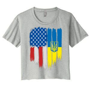 Stand With Ukraine Painted Distressed USA Ukrainian Flags Women's Crop Top Tee