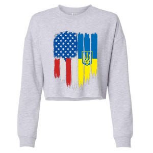 Stand With Ukraine Painted Distressed USA Ukrainian Flags Cropped Pullover Crew