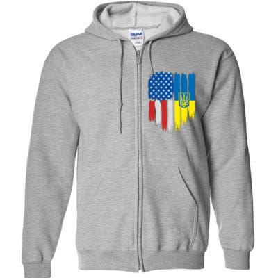 Stand With Ukraine Painted Distressed USA Ukrainian Flags Full Zip Hoodie