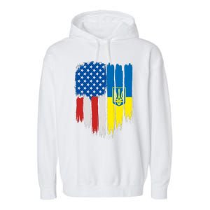 Stand With Ukraine Painted Distressed USA Ukrainian Flags Garment-Dyed Fleece Hoodie