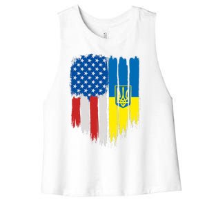 Stand With Ukraine Painted Distressed USA Ukrainian Flags Women's Racerback Cropped Tank