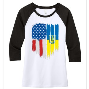 Stand With Ukraine Painted Distressed USA Ukrainian Flags Women's Tri-Blend 3/4-Sleeve Raglan Shirt