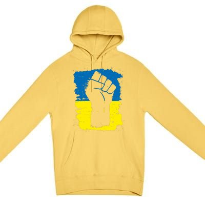 Stand With Ukraine Distressed Protest Fist Ukrainian Flag Premium Pullover Hoodie