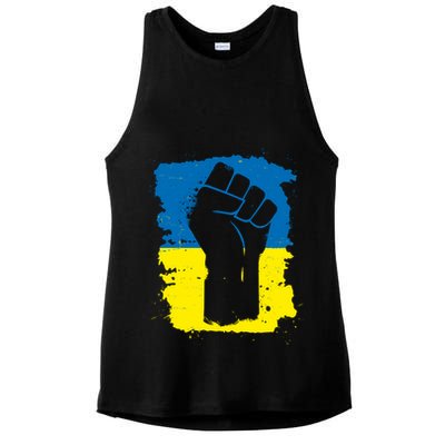 Stand With Ukraine Distressed Protest Fist Ukrainian Flag Ladies PosiCharge Tri-Blend Wicking Tank