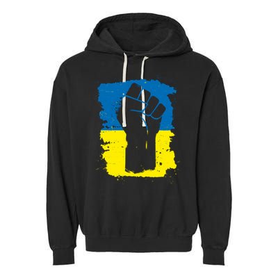 Stand With Ukraine Distressed Protest Fist Ukrainian Flag Garment-Dyed Fleece Hoodie