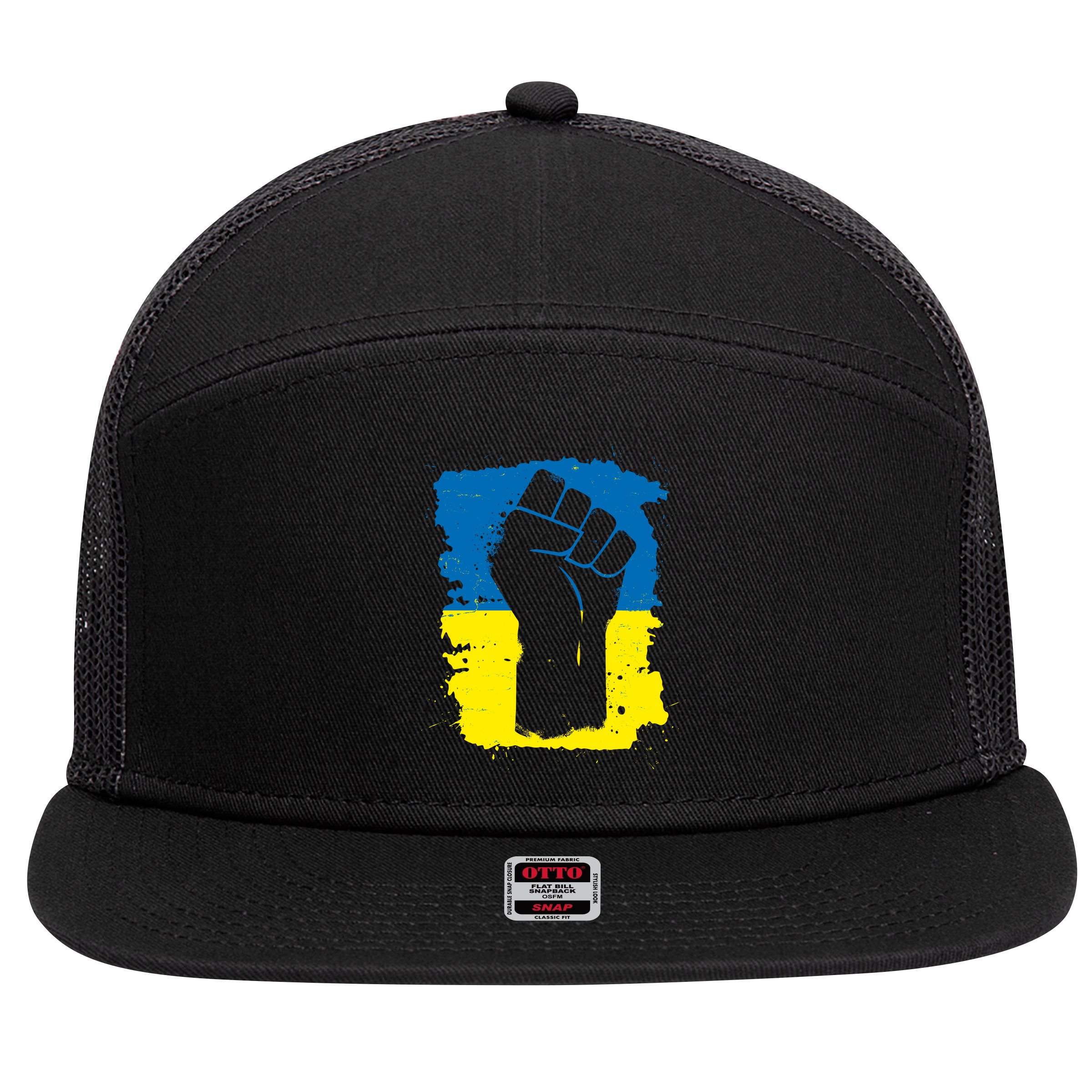 Stand With Ukraine Distressed Protest Fist Ukrainian Flag 7 Panel Mesh Trucker Snapback Hat