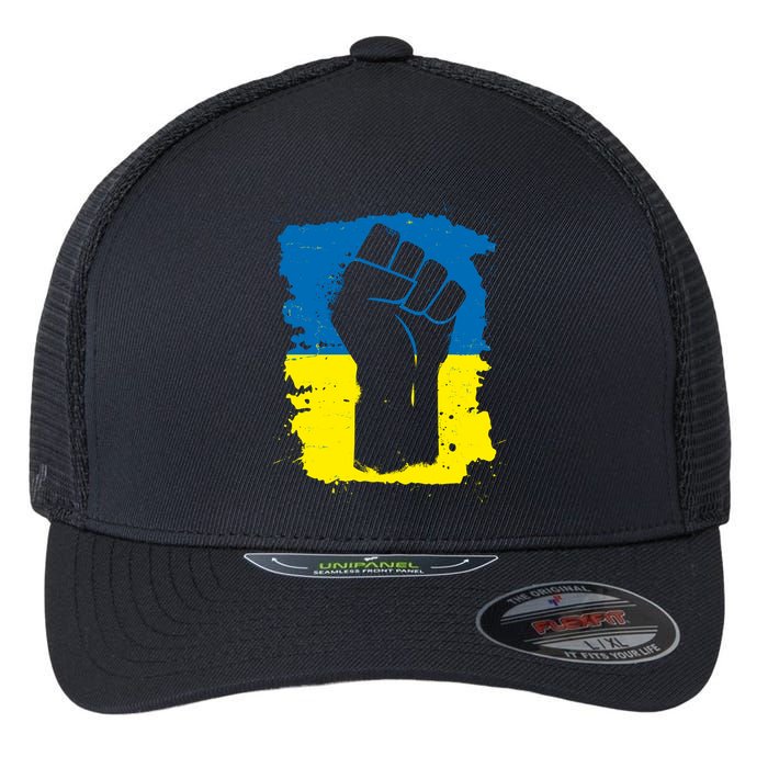Stand With Ukraine Distressed Protest Fist Ukrainian Flag Flexfit Unipanel Trucker Cap