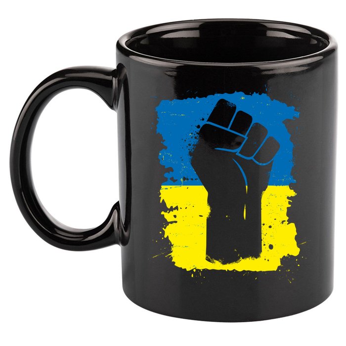 Stand With Ukraine Distressed Protest Fist Ukrainian Flag 11oz C Handle Ceramic Mug