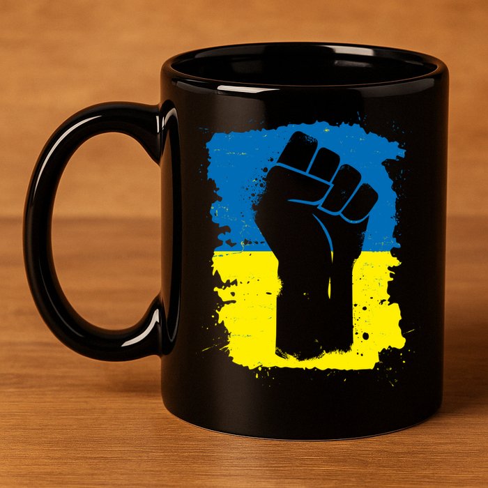 Stand With Ukraine Distressed Protest Fist Ukrainian Flag 11oz C Handle Ceramic Mug
