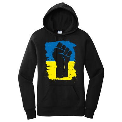 Stand With Ukraine Distressed Protest Fist Ukrainian Flag Women's Pullover Hoodie