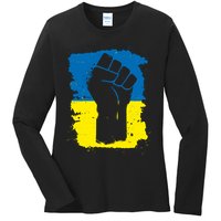 Stand With Ukraine Distressed Protest Fist Ukrainian Flag Ladies Long Sleeve Shirt