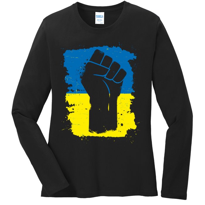 Stand With Ukraine Distressed Protest Fist Ukrainian Flag Ladies Long Sleeve Shirt