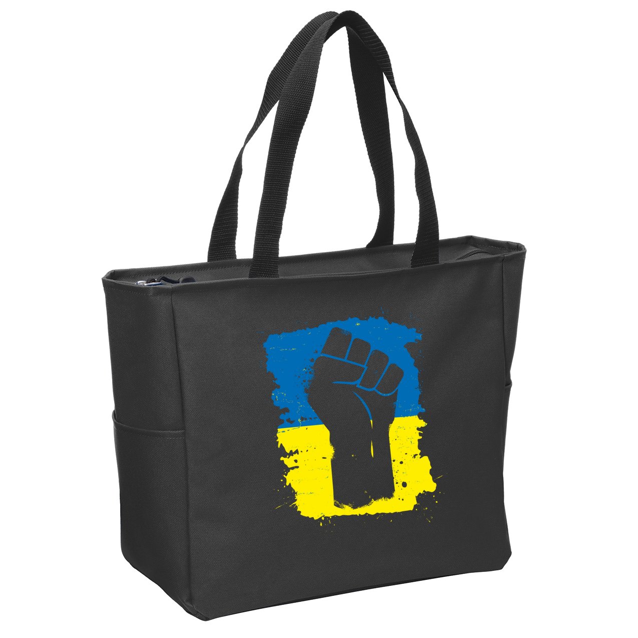 Stand With Ukraine Distressed Protest Fist Ukrainian Flag Zip Tote Bag