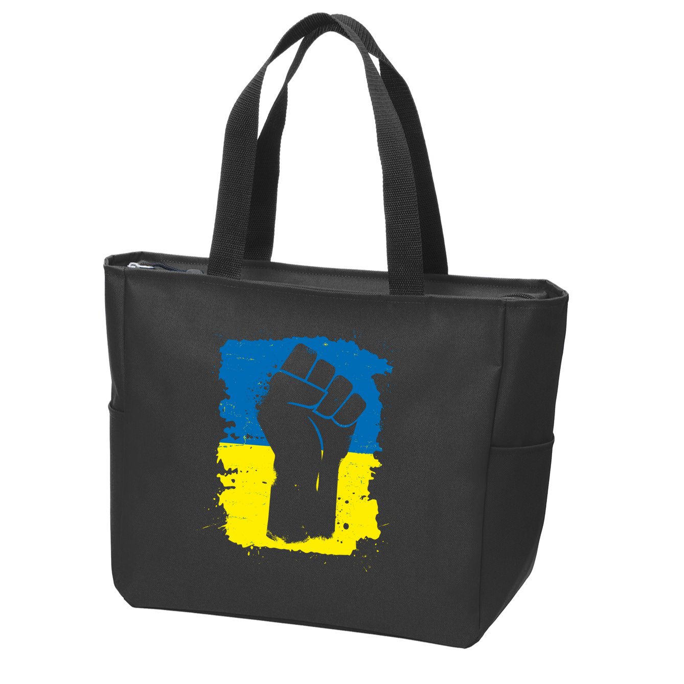 Stand With Ukraine Distressed Protest Fist Ukrainian Flag Zip Tote Bag