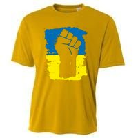 Stand With Ukraine Distressed Protest Fist Ukrainian Flag Cooling Performance Crew T-Shirt