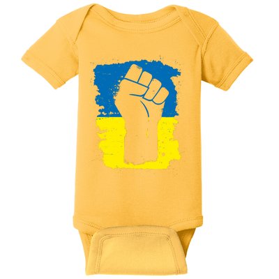 Stand With Ukraine Distressed Protest Fist Ukrainian Flag Baby Bodysuit