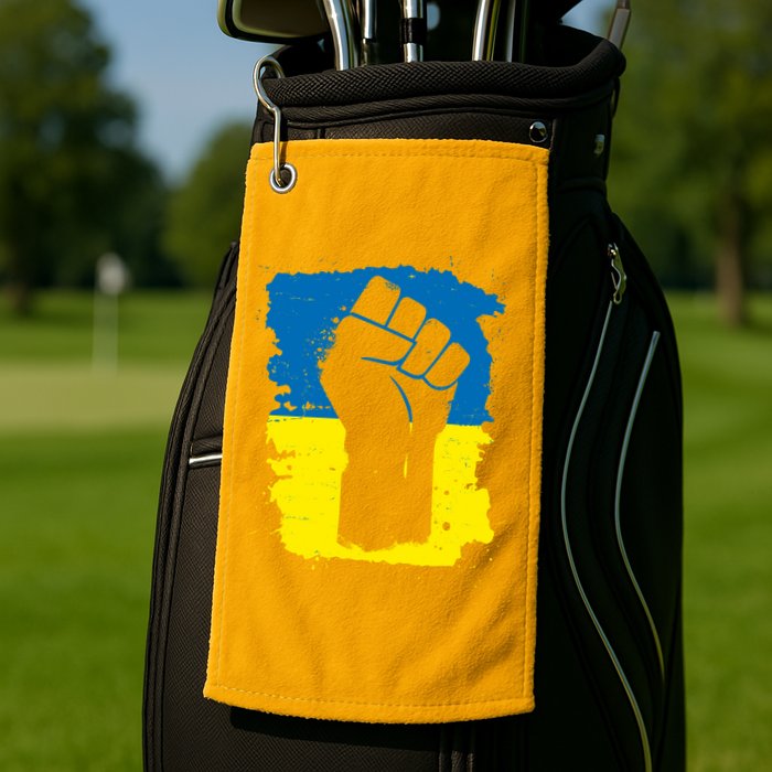 Stand With Ukraine Distressed Protest Fist Ukrainian Flag Golf Towel