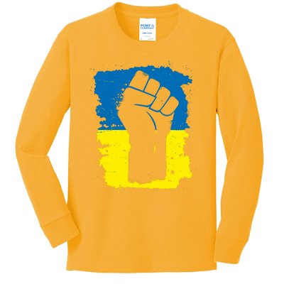 Stand With Ukraine Distressed Protest Fist Ukrainian Flag Kids Long Sleeve Shirt