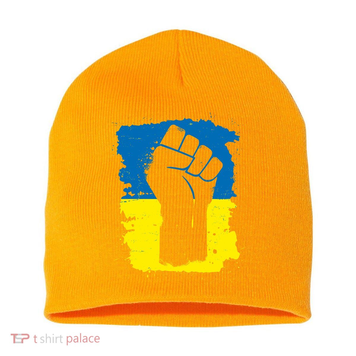 Stand With Ukraine Distressed Protest Fist Ukrainian Flag Short Acrylic Beanie