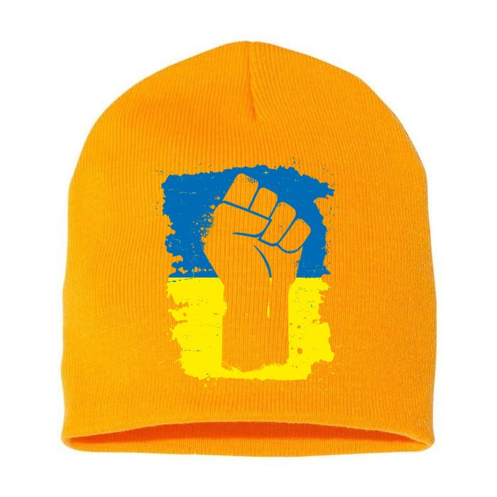 Stand With Ukraine Distressed Protest Fist Ukrainian Flag Short Acrylic Beanie