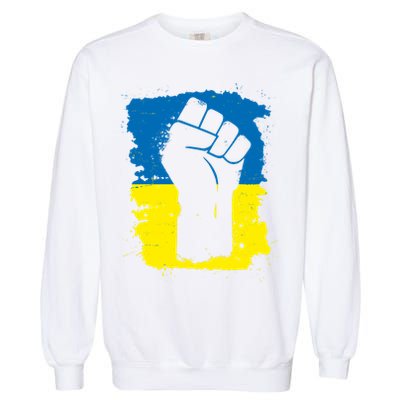 Stand With Ukraine Distressed Protest Fist Ukrainian Flag Garment-Dyed Sweatshirt