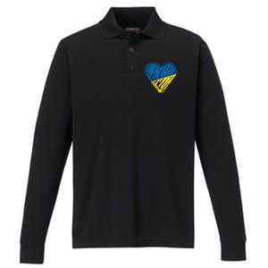 Stand With Ukraine Scribble Heart Ukrainian Flag Performance Long Sleeve Polo