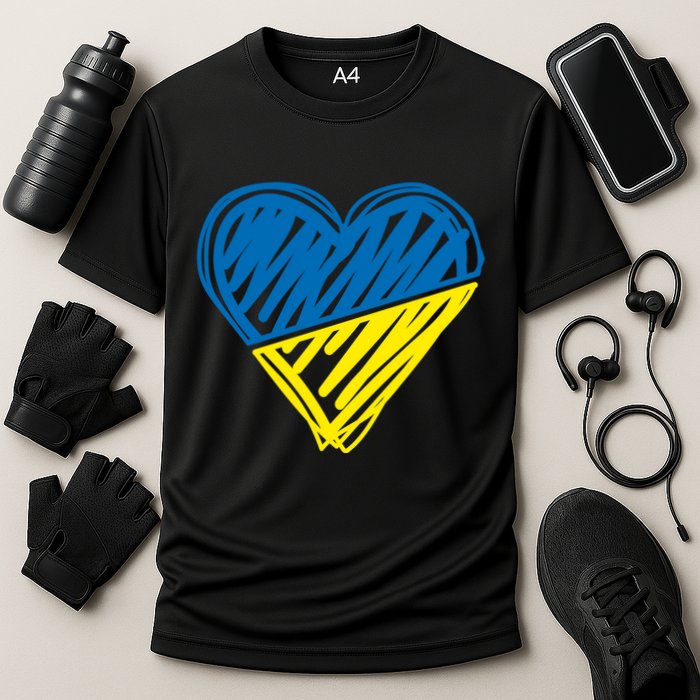 Stand With Ukraine Scribble Heart Ukrainian Flag Cooling Performance Crew T-Shirt