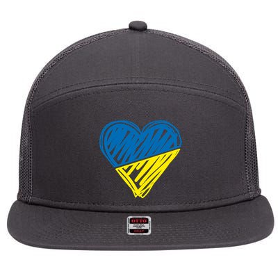 Stand With Ukraine Scribble Heart Ukrainian Flag 7 Panel Mesh Trucker Snapback Hat