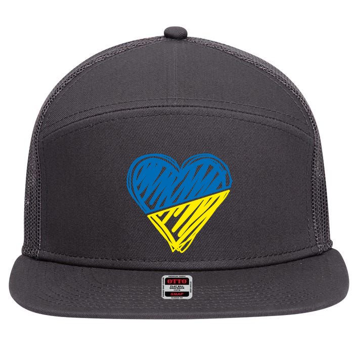 Stand With Ukraine Scribble Heart Ukrainian Flag 7 Panel Mesh Trucker Snapback Hat