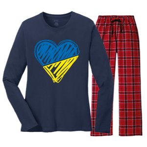 Stand With Ukraine Scribble Heart Ukrainian Flag Women's Long Sleeve Flannel Pajama Set 