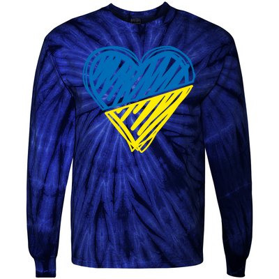 Stand With Ukraine Scribble Heart Ukrainian Flag Tie-Dye Long Sleeve Shirt