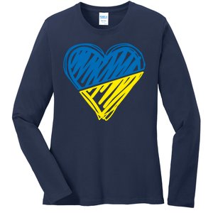 Stand With Ukraine Scribble Heart Ukrainian Flag Ladies Long Sleeve Shirt