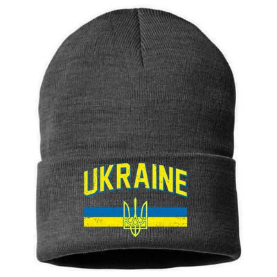 Stand With Ukraine Ukrainian Flag Coat Of Arms Sustainable Knit Beanie