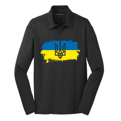 Stand With Ukraine Painted Distressed Ukrainian Flag Symbol Silk Touch Performance Long Sleeve Polo