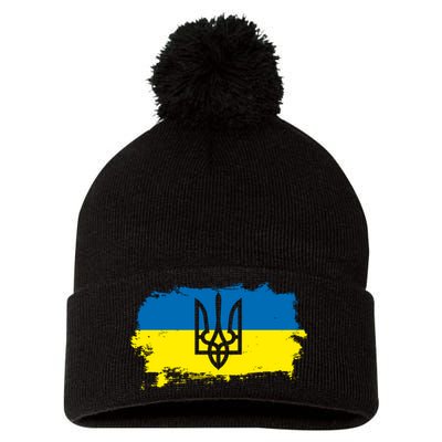 Stand With Ukraine Painted Distressed Ukrainian Flag Symbol Pom Pom 12in Knit Beanie