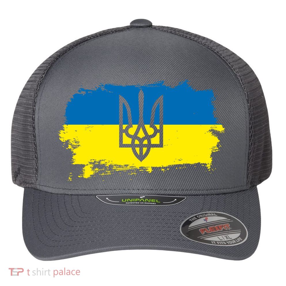 Stand With Ukraine Painted Distressed Ukrainian Flag Symbol Flexfit Unipanel Trucker Cap