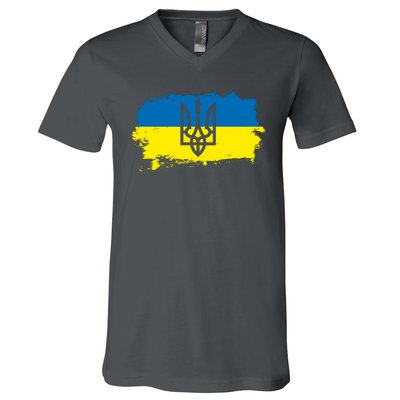 Stand With Ukraine Painted Distressed Ukrainian Flag Symbol V-Neck T-Shirt